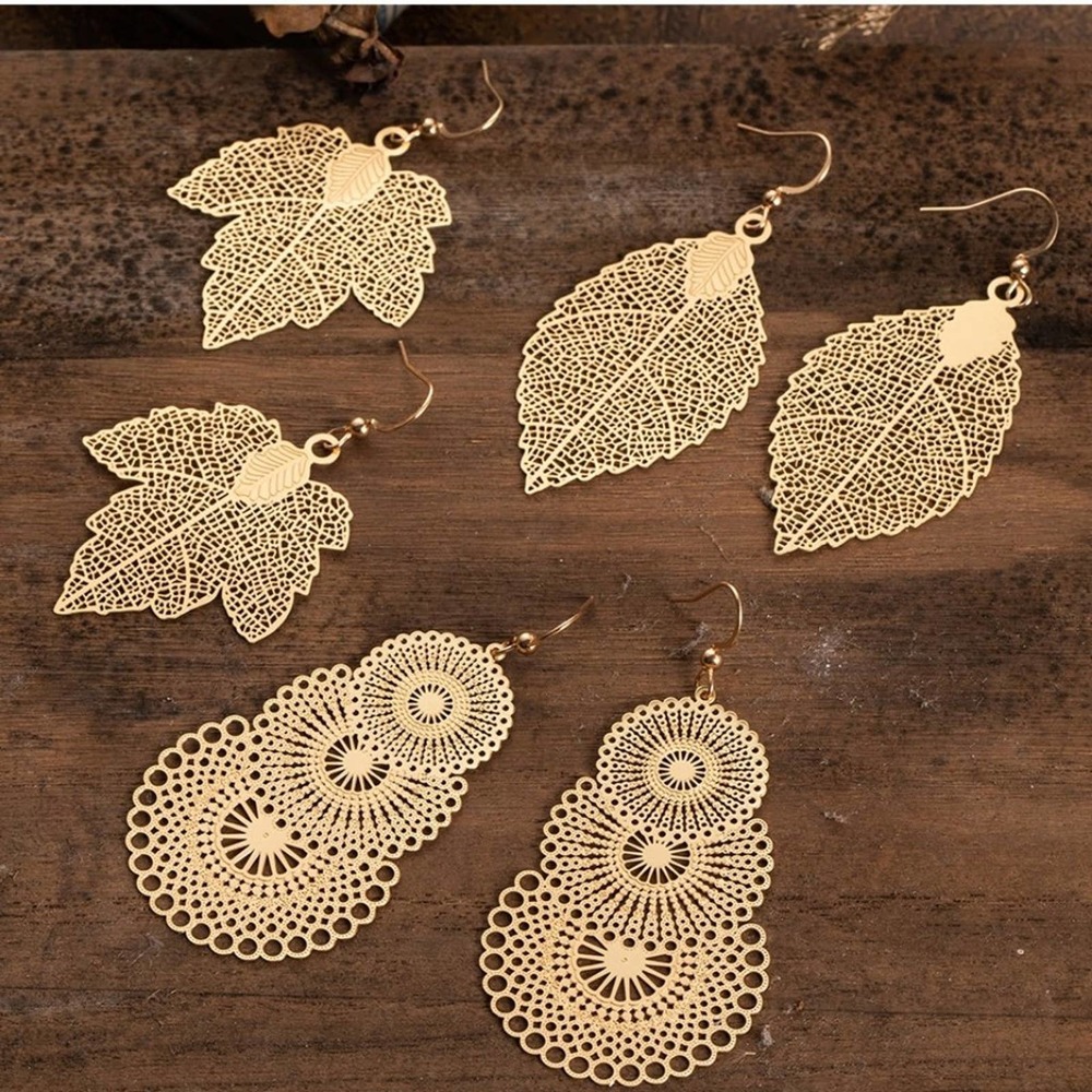 3 Pair Set Filigree Leaf Waterdrop Dangle Earring